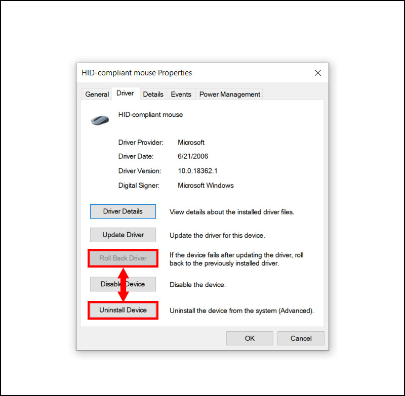 Chọn Roll Back Driver hoặc Uninstall Device